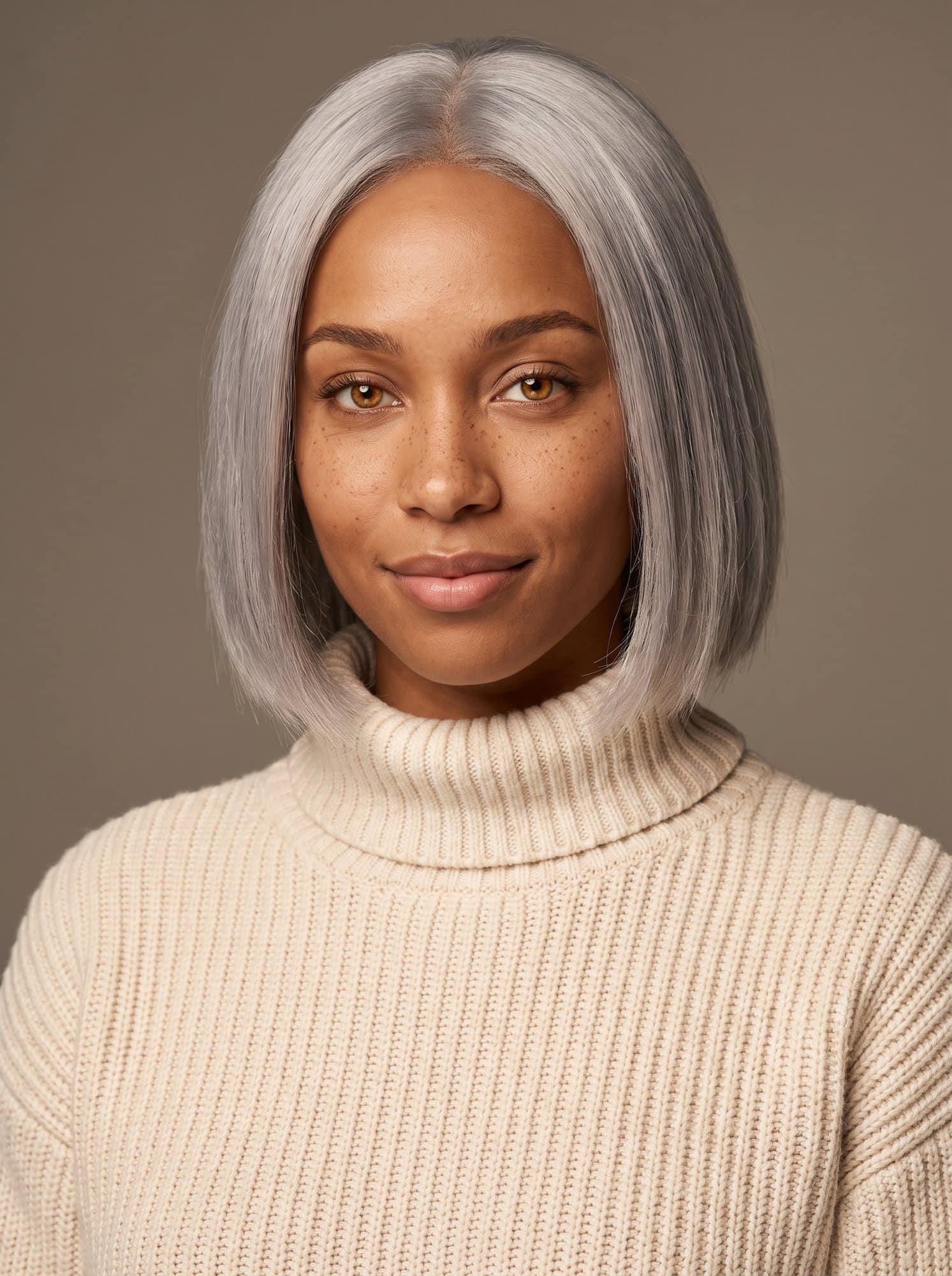 Nova, an AI avatar: a woman with a silver bob and freckles in a cream turtleneck