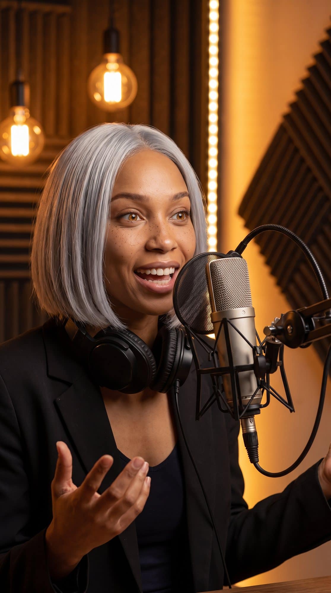 Nova talking into a studio microphone on a podcast set