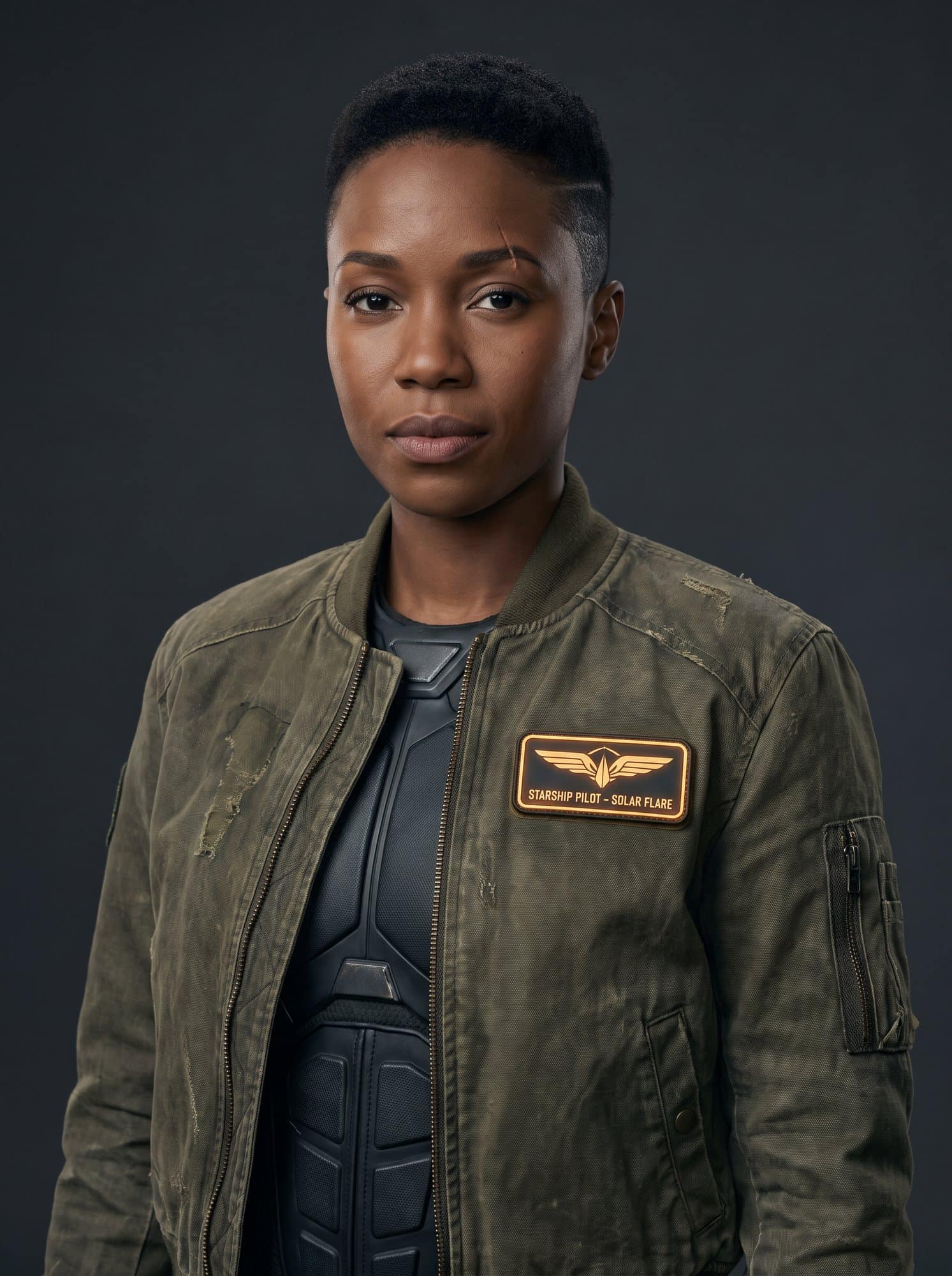 Cast photo: a starship pilot in an olive flight jacket