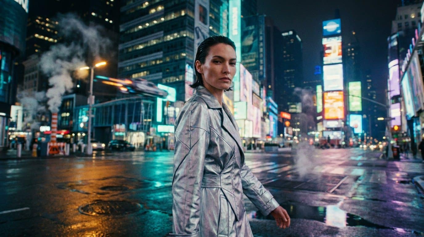 A fashion model in a silver trench coat walks down a rain-soaked neon megacity street
