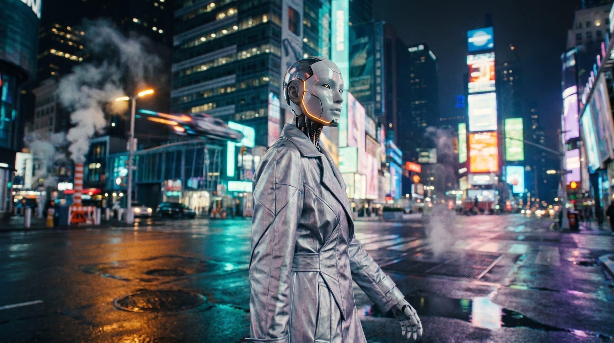 The same shot with a chrome android wearing the silver coat