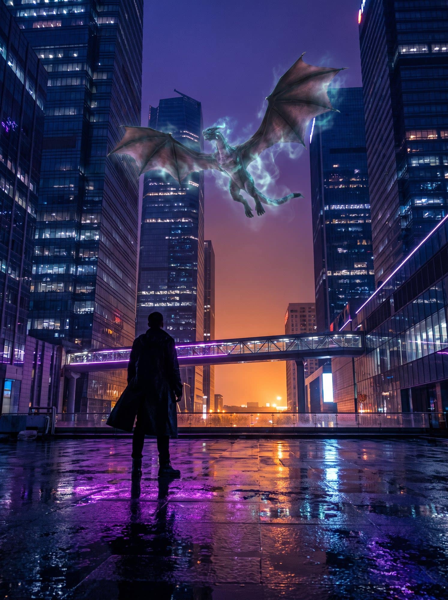A figure on a rooftop watching a dragon glide between skyscrapers