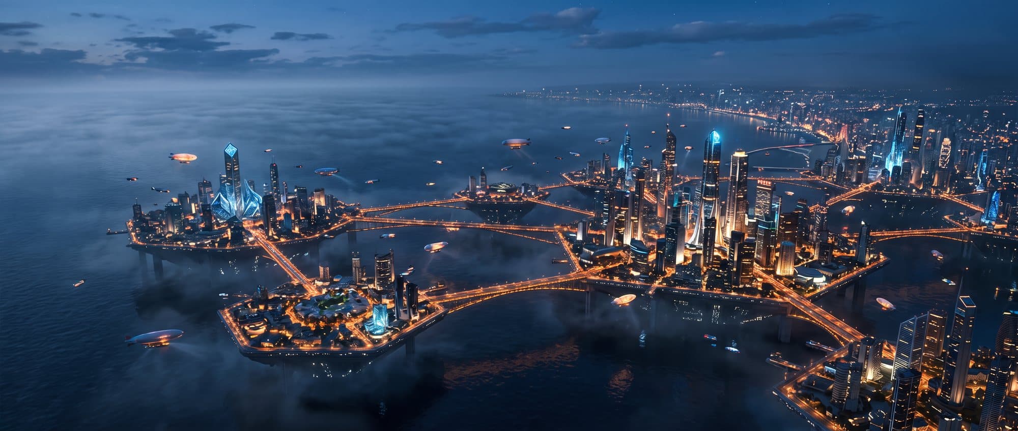 A floating coastal megacity at blue hour with airships