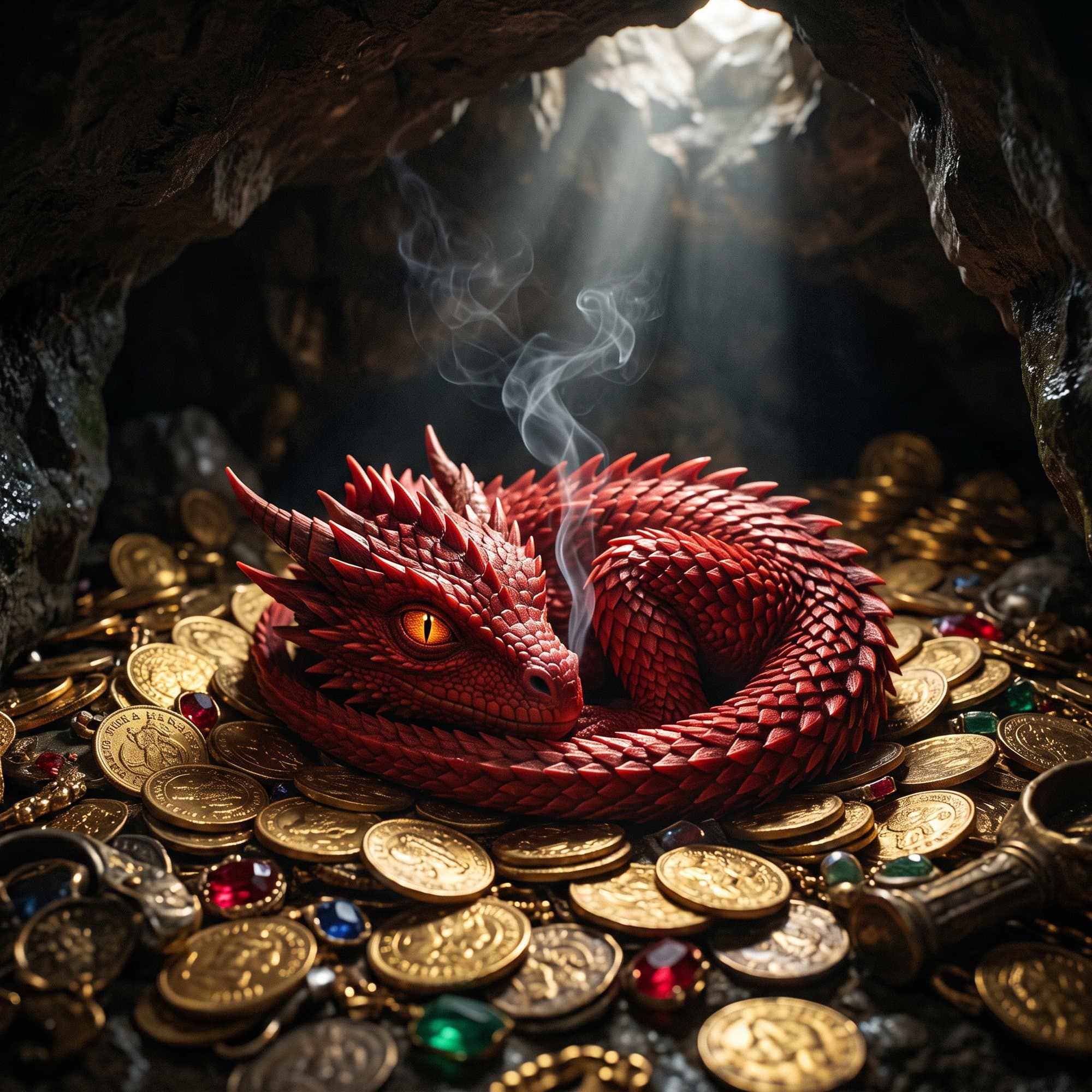 A dragon hatchling curled on a pile of gold coins