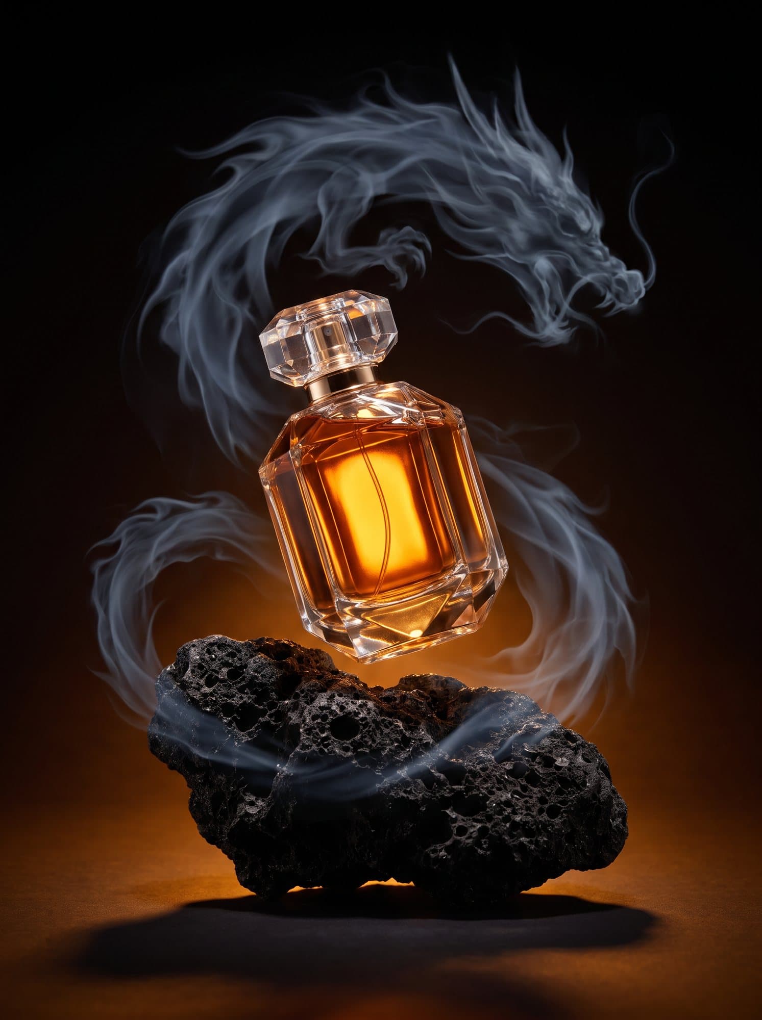 A crystal perfume bottle wrapped by a dragon made of smoke
