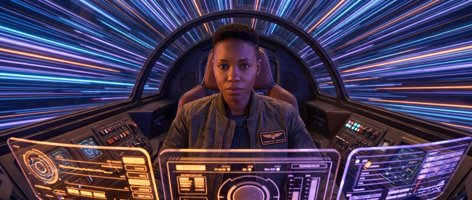 The pilot in her cockpit, lit by holographic controls