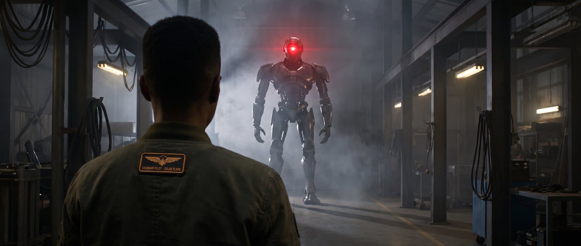 Over the pilot's shoulder toward a towering one-eyed robot in a hangar