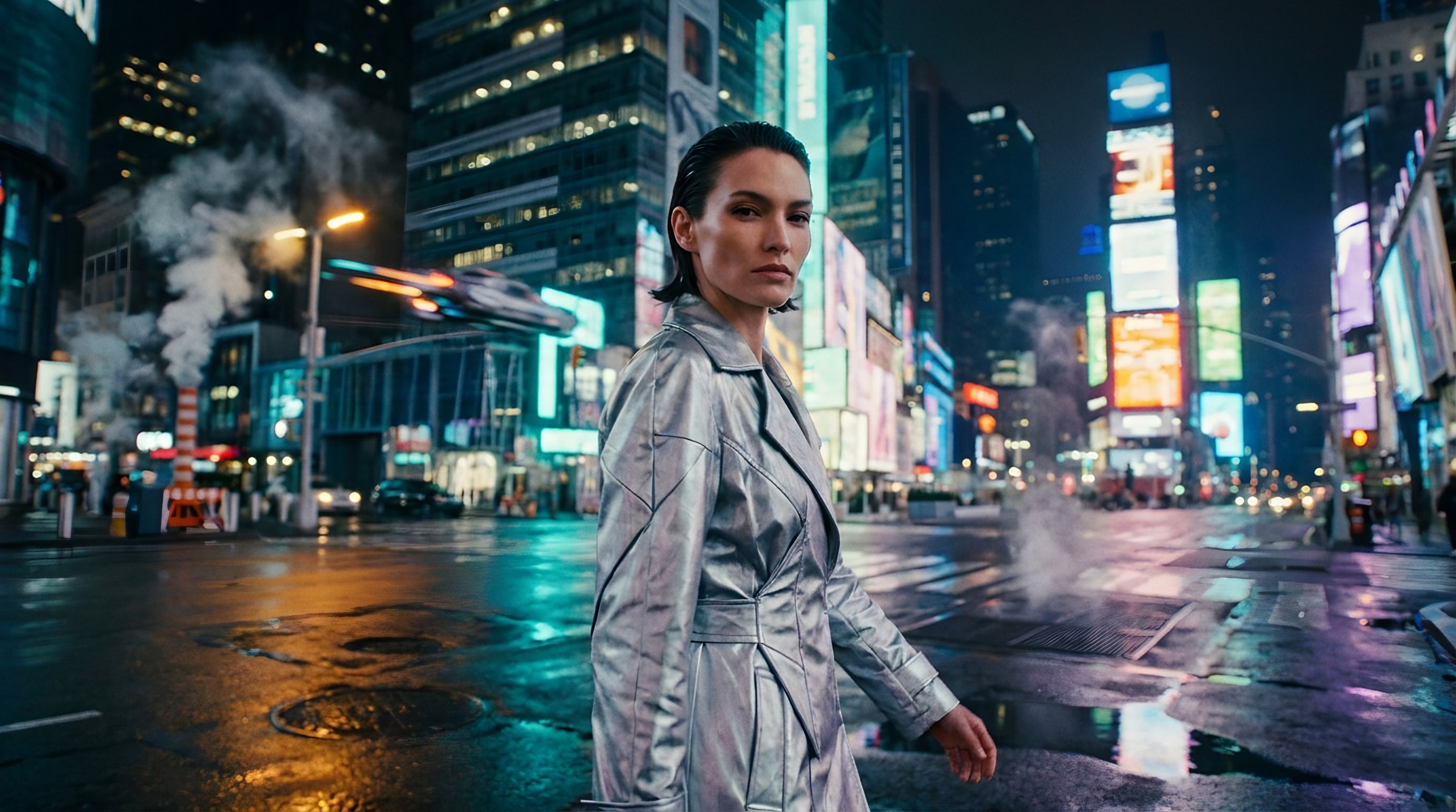 A fashion model in a silver trench coat walks down a rain-soaked neon megacity street