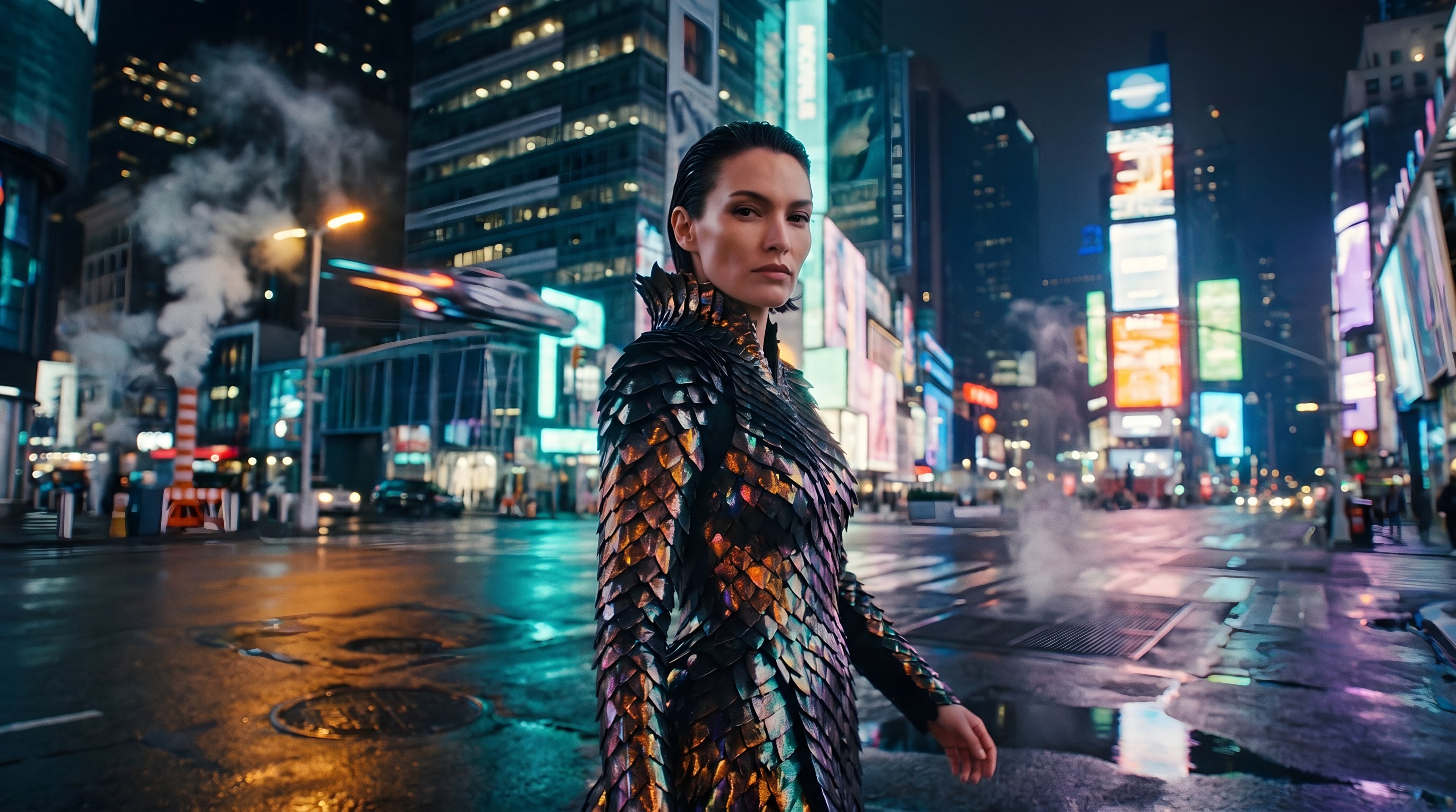 The same shot with the model in a dragon-scale couture gown