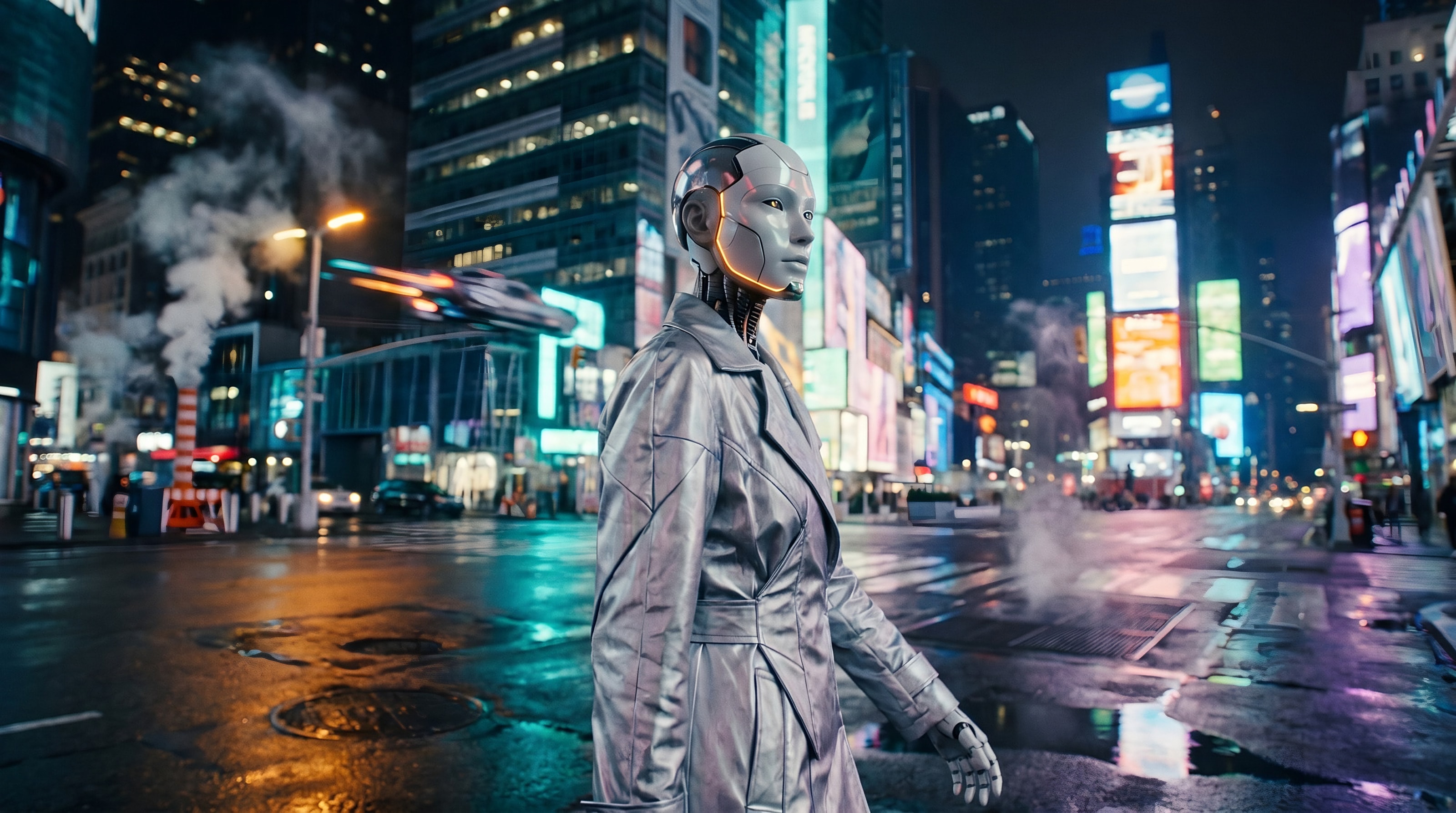The same shot with a chrome android wearing the silver coat