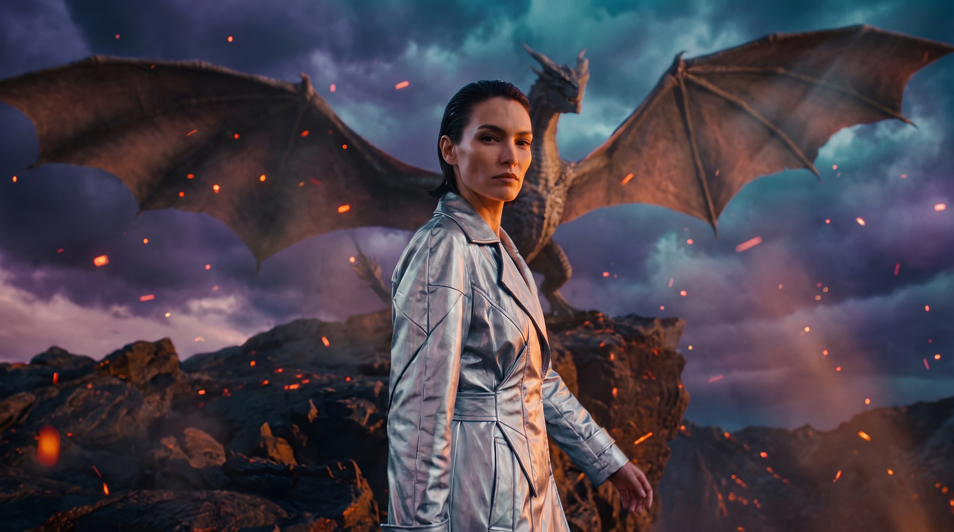 The same shot moved to a volcanic cliff with a dragon overhead
